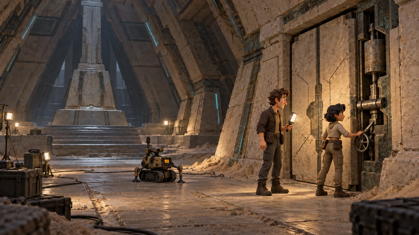 Mira, Edric and their tracked robot exploring a vast ancient chamber on Etera II.